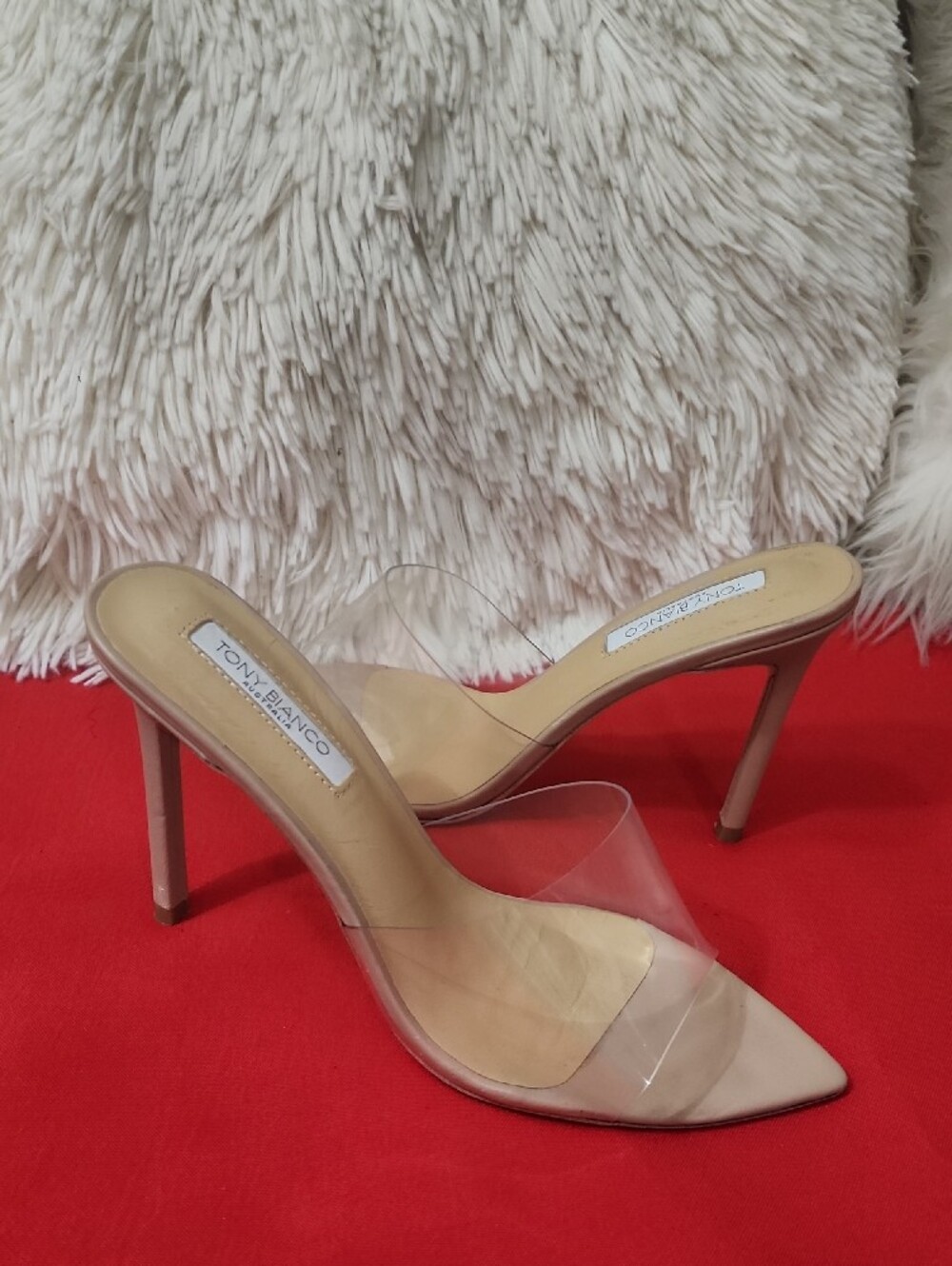 Tony Bianco Marley Clear Vinylite/skin  Strap Pointed Toe Mules Heels Beige